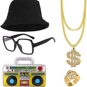 VSTON Hip Hop Cosplay Costume Kit Men's 80's Rapper for Accessories Bucket Hat Gold Dollar Sign Chain Ring Necklace Oversized Glasses